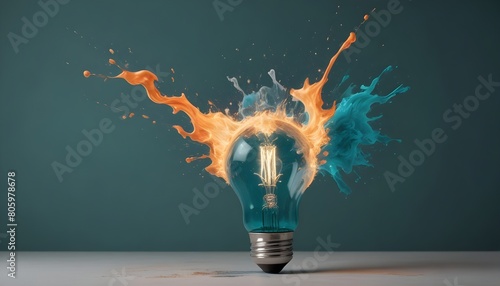 Artistic notion backgrounds: A lightbulb explodes with multicolored splashes of paint and smoke. photo