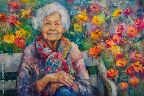 peinture impressionniste d'une femme âgée de 90 ans assise dans un jardin coloré photo