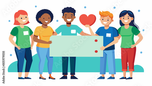 Smiling volunteers delivering a large check to a local charity made possible by the thrift stores profits and the hard work of its volunteers.. Vector illustration