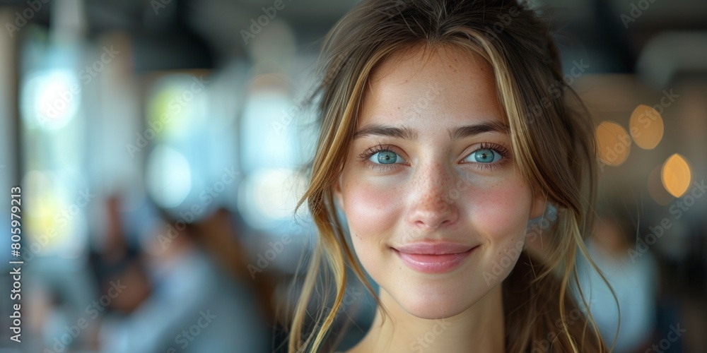 A close-up portrait of a beautiful businesswoman smiling in her workplace. A close-up portrait of a beautiful businesswoman smiling in her workplace.