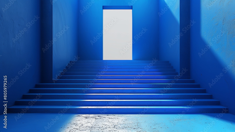 A blue room with a white door and blue stairs A blue room with a white door and blue stairs