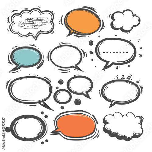 Collection comic book speech bubbles handdrawn doodle style. Assorted dialogue balloons representing conversation communication concepts. Vibrant orange blue accents stand out against grayscale