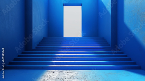 A blue room with a white door and blue stairs