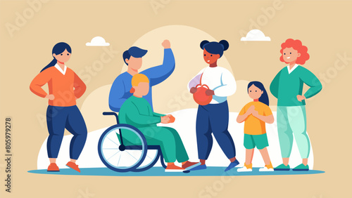 As a group of individuals with physical disabilities prepare for a tournament their coach reminds them that in adaptive martial arts there are no. Vector illustration