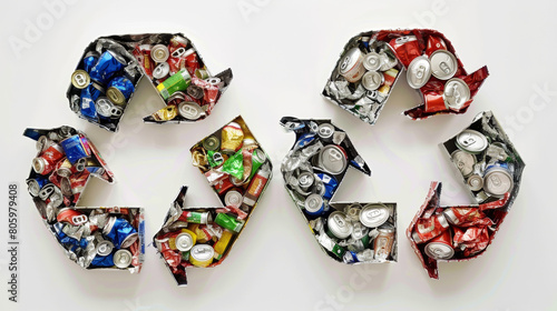 crushed aluminum cans arranged in a recycling symbol © otter2