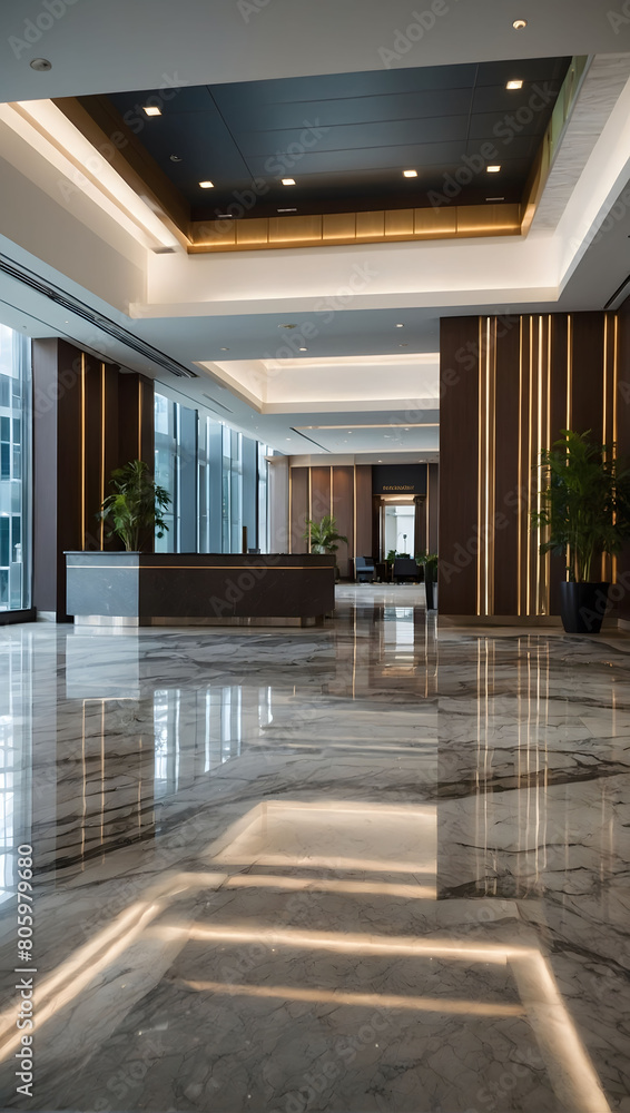 Sophisticated Welcome, Enter a Modern Commercial Lobby with a Sparkling Marble Floor, Boasting Clean and Shiny Tiles that Define Office and Hall Interior