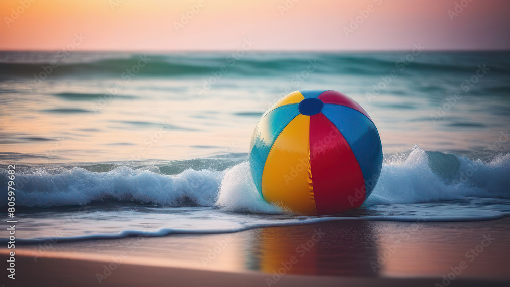 A colorful beach ball gently rests on the shore, washed by soft waves at sunset. This serene image evokes a sense of peace and the beauty of a beach at dusk