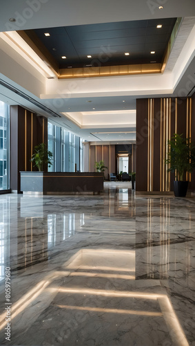 Sophisticated Welcome  Enter a Modern Commercial Lobby with a Sparkling Marble Floor  Boasting Clean and Shiny Tiles that Define Office and Hall Interior