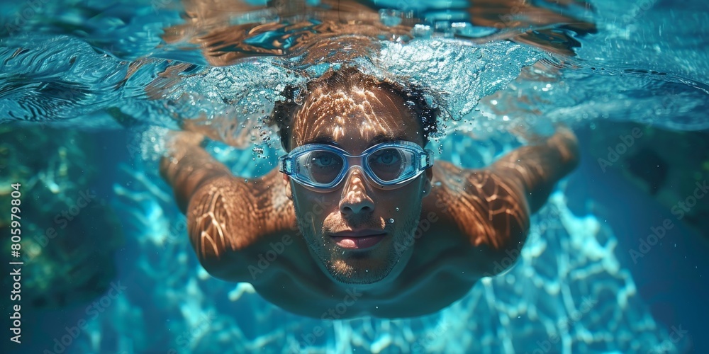 Close-up of a man swimming in the pool, aerial top view of male swimmer swimming in the pool. Use the Butterfly Technique to train professional and determined athletes for championships. Top view shot