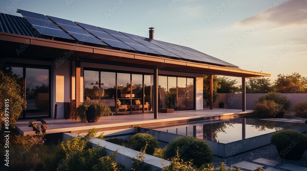 Design a modern house with a pool and solar panels on the roof. The house should be surrounded by greenery and have a large glass window. Design a modern house with a pool and solar panels on the roof. The house should be surrounded by greenery and have a large glass window.