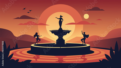 Shadows dance on the fountains surface as the sun sets a reminder of the everchanging nature of life and the stoic acceptance of this fact.. Vector illustration