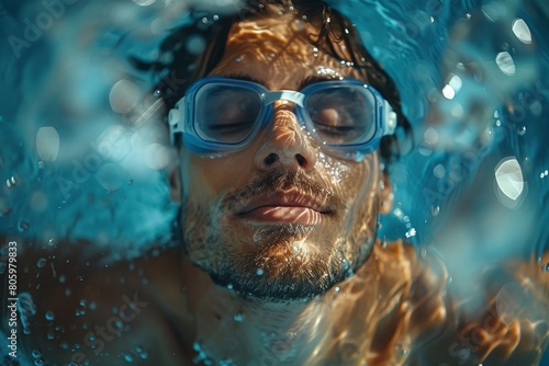 Close-up of a man swimming in the pool, aerial top view of male swimmer swimming in the pool. Use the Butterfly Technique to train professional and determined athletes for championships. Top view shot © Da