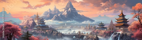A beautiful landscape painting of a mountain village in the Orient photo