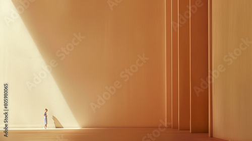 Serene product backdrop with a calming gradient and soft light. A lone Scandinavian woman feels dwarfed in a vast geometric room. A peaceful space becomes overwhelming.