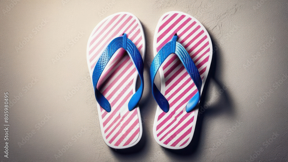 Striped pink and white flip-flops rest on a textured surface, capturing the casual essence of summer footwear. Ideal for themes of beachwear and relaxed summer days Striped pink and white flip-flops rest on a textured surface, capturing the casual essence of summer footwear. Ideal for themes of beachwear and relaxed summer days