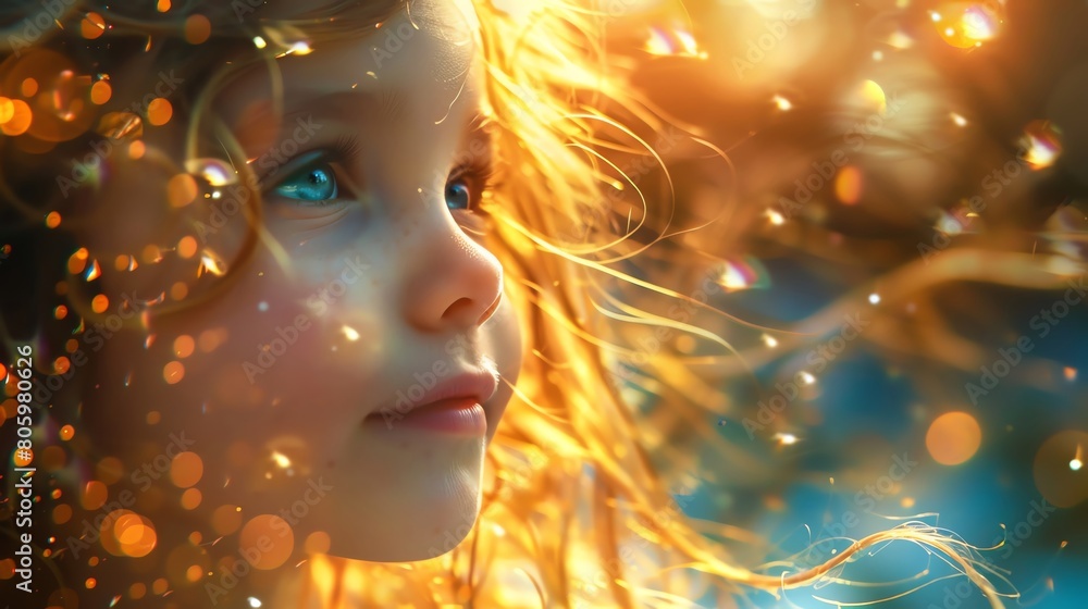Capture the innocence of a child in a tilted angle view, surrounded by dynamic particles in vivid motion Traditional or digital medium Inspire joy and wonder Capture the innocence of a child in a tilted angle view, surrounded by dynamic particles in vivid motion Traditional or digital medium Inspire joy and wonder