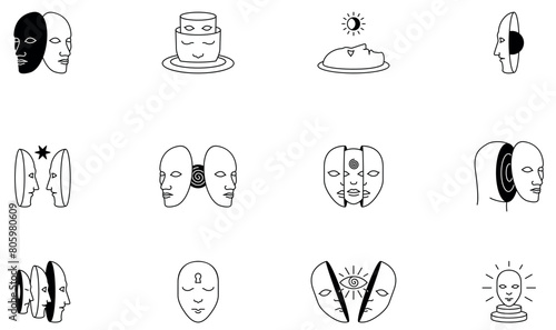 Vector Set of Linear Symbols Related to Hidden Human Potential and Talent, Inner Space of Creativity and Personal Development. Minimalist style, design elements and symbols - part 4
