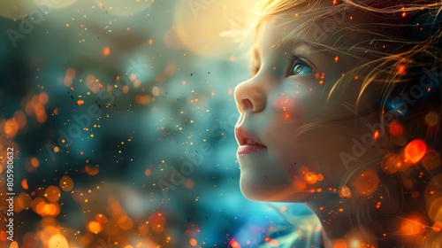 Capture the innocence of a child in a tilted angle view, surrounded by dynamic particles in vivid motion Traditional or digital medium Inspire joy and wonder
