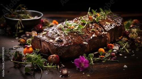 A delicious and juicy steak, cooked to perfection, is the centerpiece of this mouthwatering image