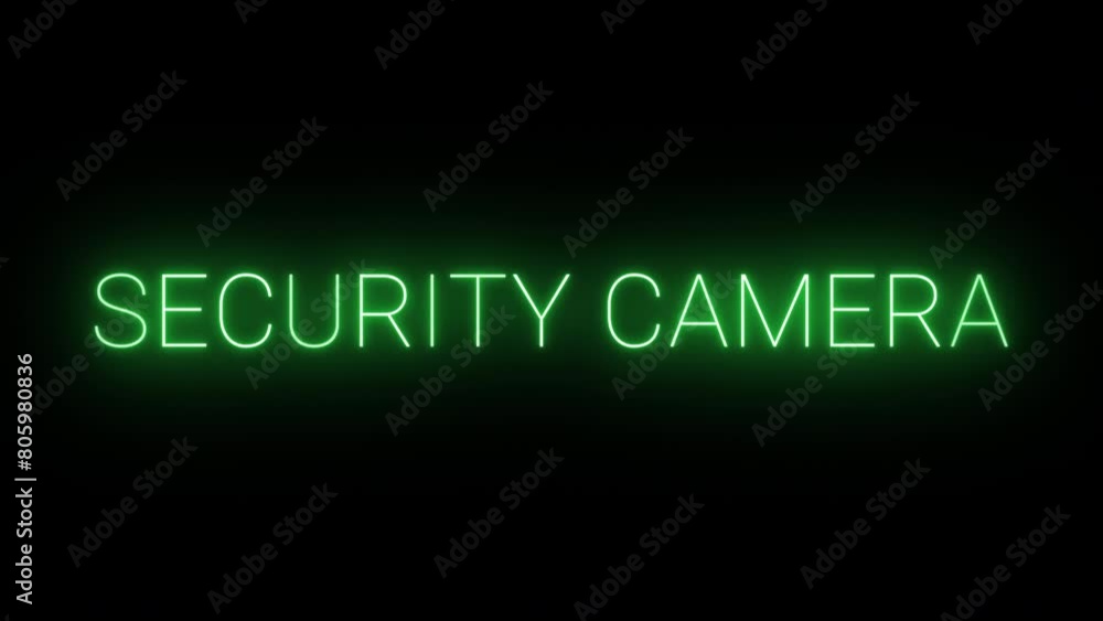 Flickering neon green glowing security camera text animated on black background Flickering neon green glowing security camera text animated on black background