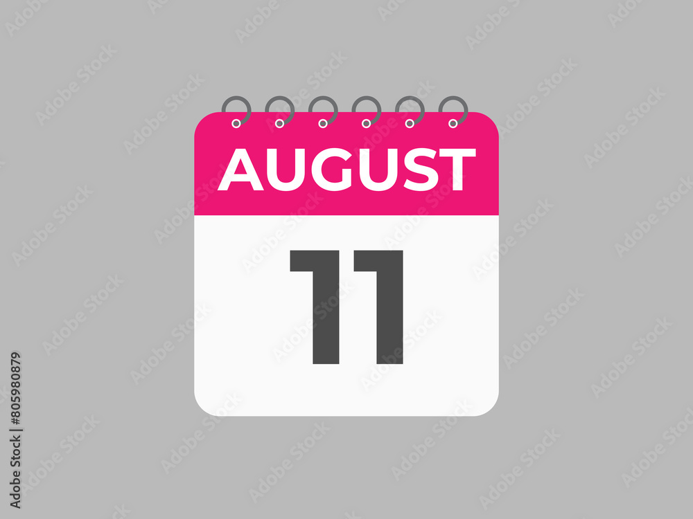 August 11 calendar reminder. 11 August daily calendar icon template. Calendar 11 August icon Design template. Vector illustration August 11 calendar reminder. 11 August daily calendar icon template. Calendar 11 August icon Design template. Vector illustration