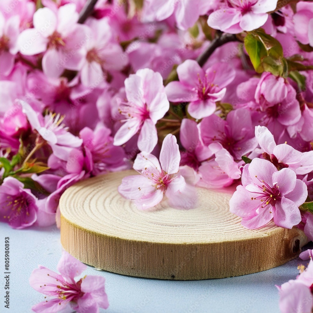 Podium mockup, azalea flower background, 3d render Podium mockup, azalea flower background, 3d render