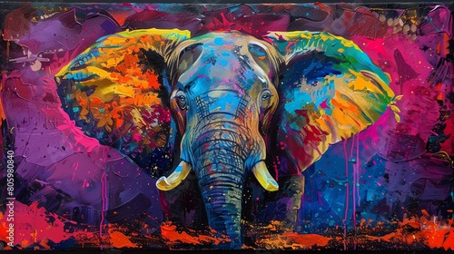 Capture the majestic presence of an elephant in a tilted angle view using vibrant tie-dye colors to give it a psychedelic twist  in a vibrant acrylic painting