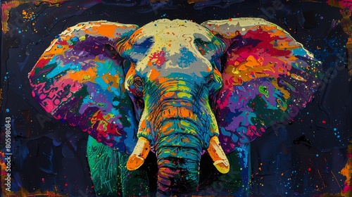 Capture the majestic presence of an elephant in a tilted angle view using vibrant tie-dye colors to give it a psychedelic twist  in a vibrant acrylic painting
