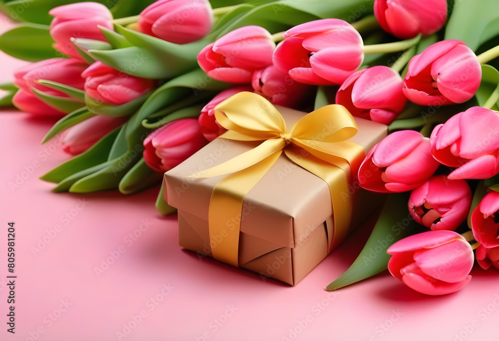 Pink tulips flowers in a vase with a yellow ribbon gift box on a pink background Pink tulips flowers in a vase with a yellow ribbon gift box on a pink background