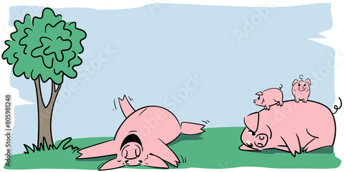 Very happy pigs lying on grass and little pigs in a large field with a tree on a clear summer day