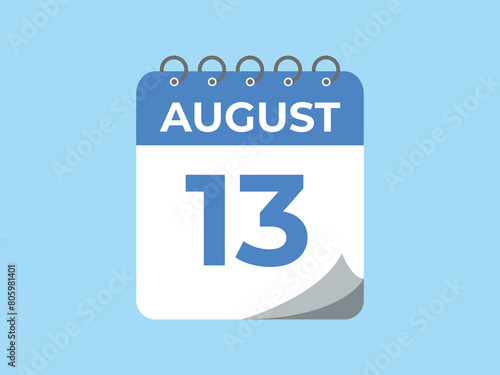 August 13 calendar reminder. 13 August daily calendar icon template. Calendar 13 August icon Design template. Vector illustration
