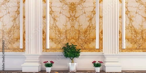 White marble wall with nature texture of marble, luxury architecture of marble with tree pot for decoration,