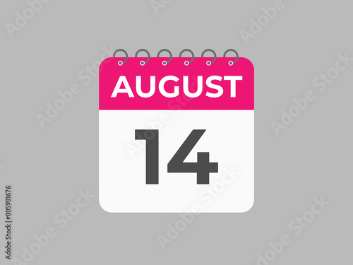 August 14 calendar reminder. 14 August daily calendar icon template. Calendar 14 August icon Design template. Vector illustration
