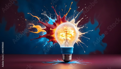 Artistic insight backdrop: A lightbulb explodes with multicolored splashes of paint and smoke. photo