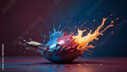 Expressive vision backgrounds: A light bulb bursts with vibrant splashes of paint and sparks. photo