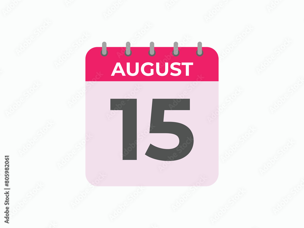 August 15 calendar reminder. 15 August daily calendar icon template. Calendar 15 August icon Design template. Vector illustration
August 15 calendar reminder. 15 August daily calendar icon template. Calendar 15 August icon Design template. Vector illustration