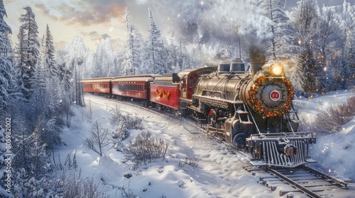 A whimsical holiday train journey through a snow-covered landscape, with vintage steam trains decked out in festive decorations and passengers enjoying panoramic views of wintry scenery.