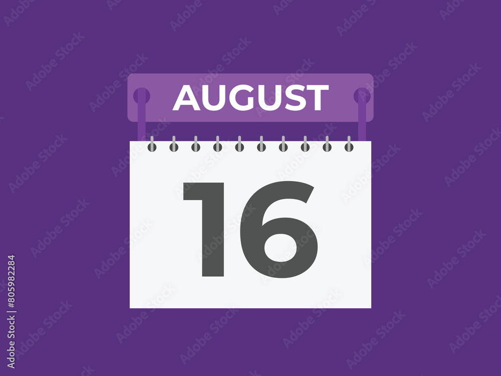 August 16 calendar reminder. 16 August daily calendar icon template. Calendar 16 August icon Design template. Vector illustration
August 16 calendar reminder. 16 August daily calendar icon template. Calendar 16 August icon Design template. Vector illustration