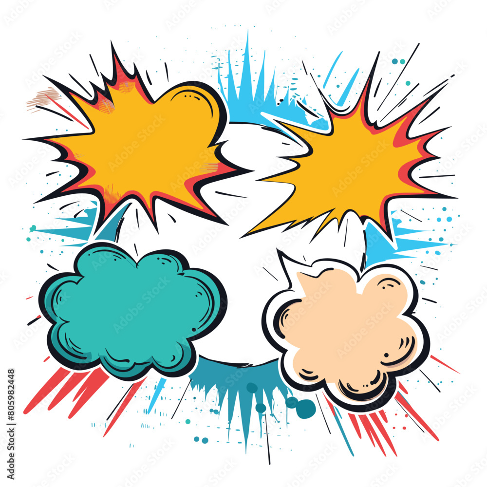 Comic book speech bubbles colorful explosion pop art style. Vibrant comic book onomatopoeia sound ink drop. Retro expressions collection, cloud shapes Comic book speech bubbles colorful explosion pop art style. Vibrant comic book onomatopoeia sound ink drop. Retro expressions collection, cloud shapes