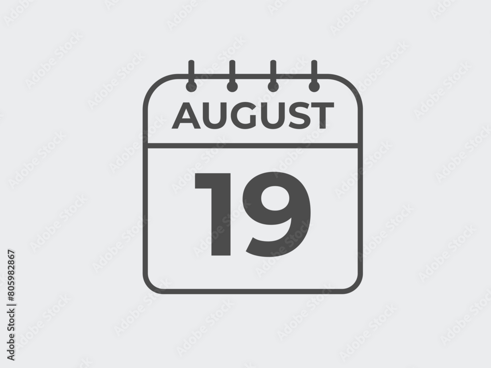 August 19 calendar reminder. 19 August daily calendar icon template. Calendar 19 August icon Design template. Vector illustration
August 19 calendar reminder. 19 August daily calendar icon template. Calendar 19 August icon Design template. Vector illustration