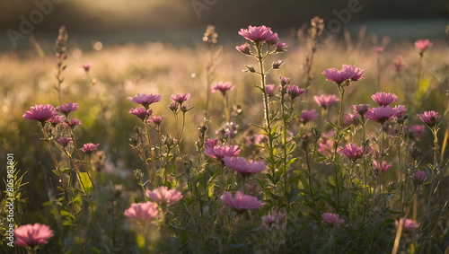 Sunlit Wildflower Haven, Summer Meadow Awash in Pink Wildflowers, Bathed in Morning Sunlight. © xKas