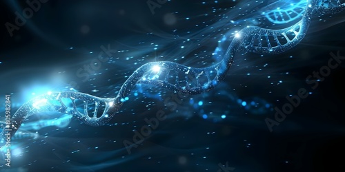 Blue Glowing DNA Double Helix on Dark Background: Perfect for Science Themes. Concept Science, DNA, Double Helix, Blue Glow, Dark Background
