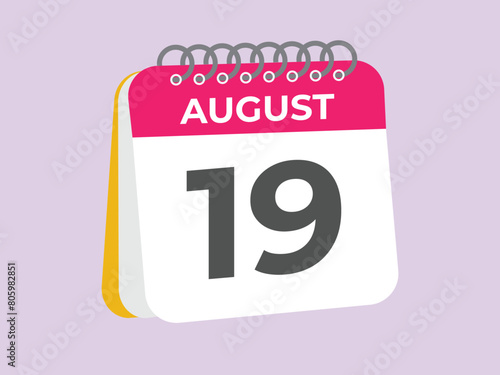 August 19 calendar reminder. 19 August daily calendar icon template. Calendar 19 August icon Design template. Vector illustration
