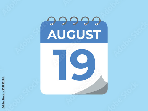 August 19 calendar reminder. 19 August daily calendar icon template. Calendar 19 August icon Design template. Vector illustration
