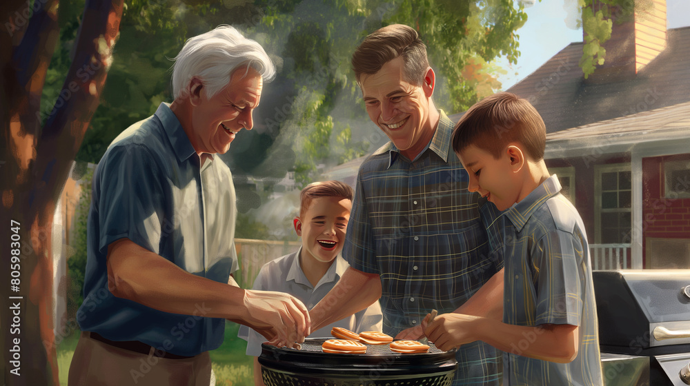 A heartwarming Father's Day scene depicting three generations of men gathered around a backyard barbecue, the grandfather flipping burgers with expertise and the father sharing stories A heartwarming Father's Day scene depicting three generations of men gathered around a backyard barbecue, the grandfather flipping burgers with expertise and the father sharing stories