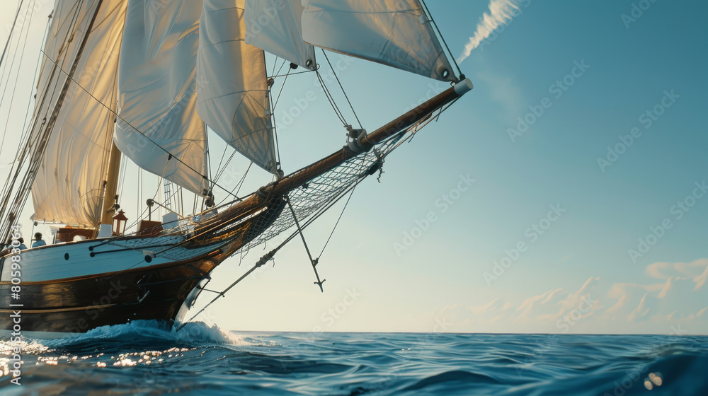 Naklejka premium Sailing Serenity: Two-Masted Schooner Adventure. Generative AI