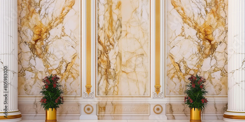 White marble wall with nature texture of marble, luxury architecture of marble with tree pot for decoration, photo
