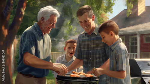 A heartwarming Father's Day scene depicting three generations of men gathered around a backyard barbecue, the grandfather flipping burgers with expertise and the father sharing stories 