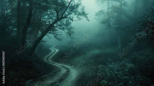 A winding path disappearing into a mist-shrouded forest, a journey into the unknown amidst the whispering trees. photo