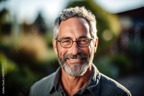 Portrait of handsome mature man with grey hair smiling at camera in park © ako-photography